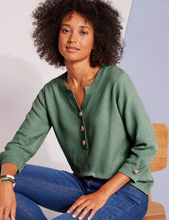 Pull col tunisien manches 3/4, maille fantaisie (kaki)