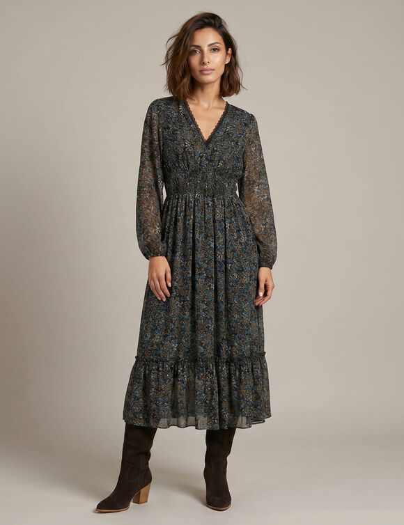 Robe longue volant&eacute;e, voile imprim&eacute; fleuri (noir)