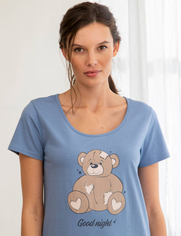 Chemise de nuit courte motif plac&eacute; ourson manches courtes  (bleu gris&eacute;)