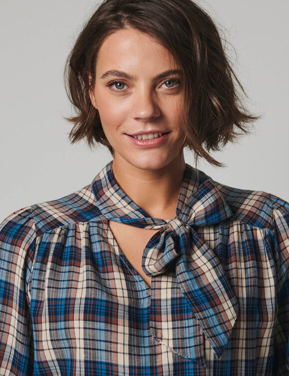 Blouse &agrave; lavalli&egrave;re manches longues, &agrave; carreaux (beige / bleu)