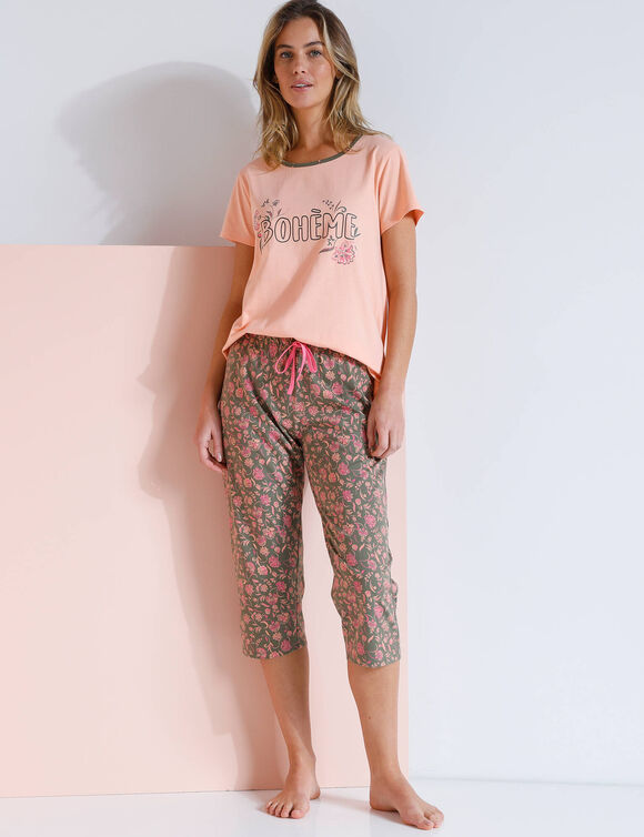Pantacourt pyjama imprimé fleuri  "Bohème" (kaki / rose)