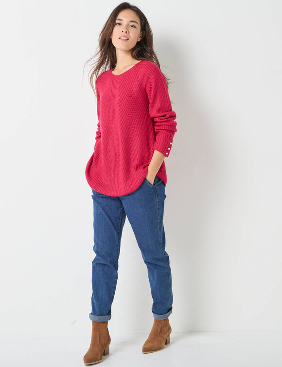 Pull évasé, maille anglaise toucher doux (framboise)