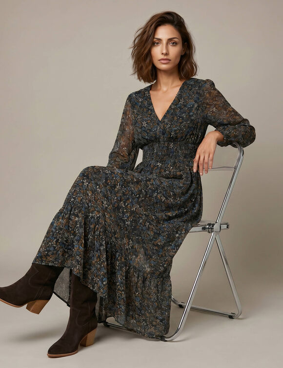 Robe longue volant&eacute;e, voile imprim&eacute; fleuri (noir)