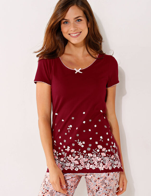 T-shirt met bloemenprint - korte mouwen (kersenrood)