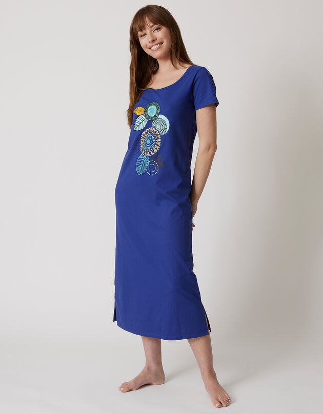 Lang nachthemd met korte mouwen en rozettenmotief (felblauw)