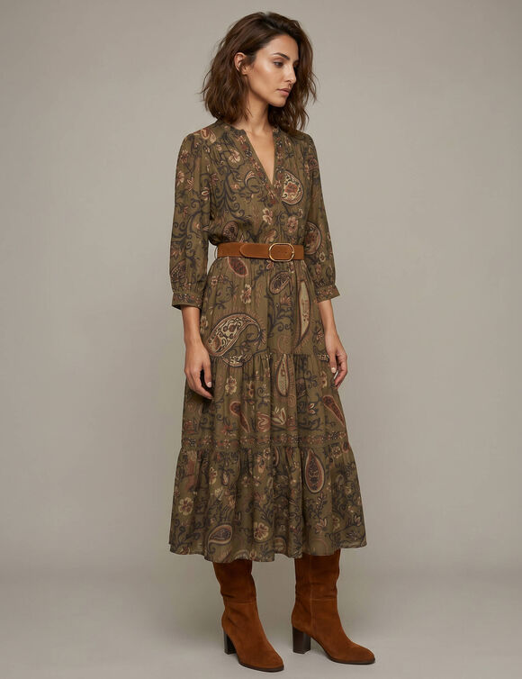 Robe longue taille &eacute;lastiqu&eacute;e, cr&ecirc;pe imprim&eacute; (kaki)