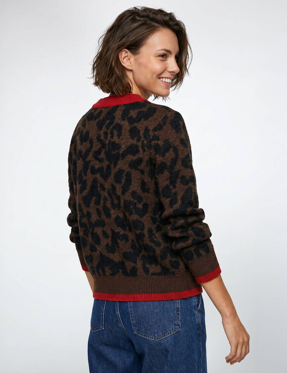 Vest met ritssluiting in bomberstijl, van warm breiwerk, bedrukt met luipaardprint (chocolade / zwart)