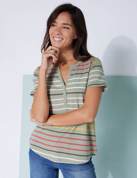 T-shirt rayé col tunisien, manches courtes (kaki / multicolore)