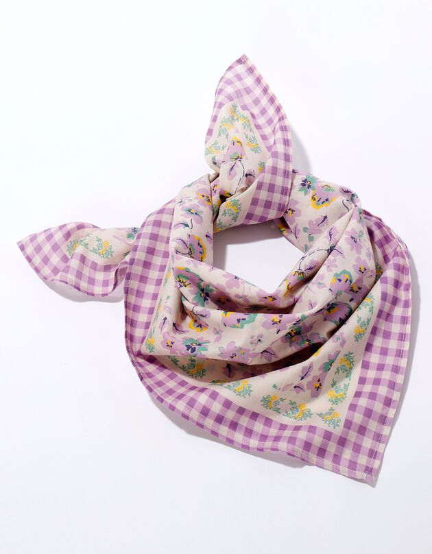 Foulard fabriqué en France imprimé fleuri, 70 x 70 cm  - coton (parme)