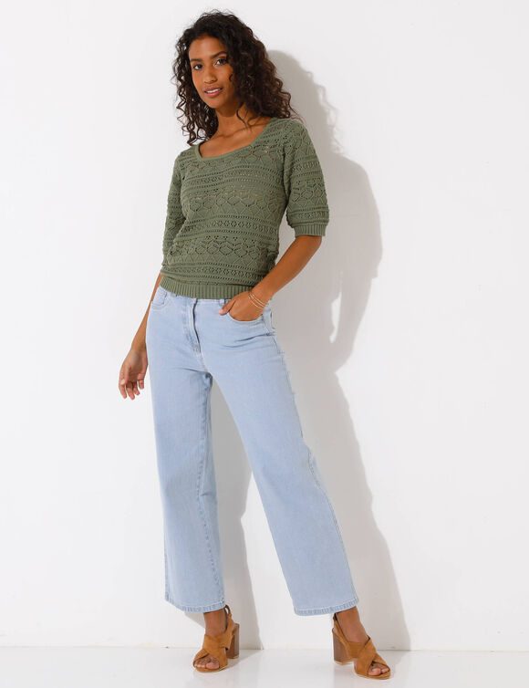 Pull col carré uni, maille ajourée (kaki)