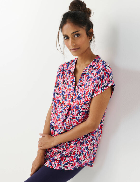 Tunique manches à revers,  imprimé multicolore  (écru / rouge)