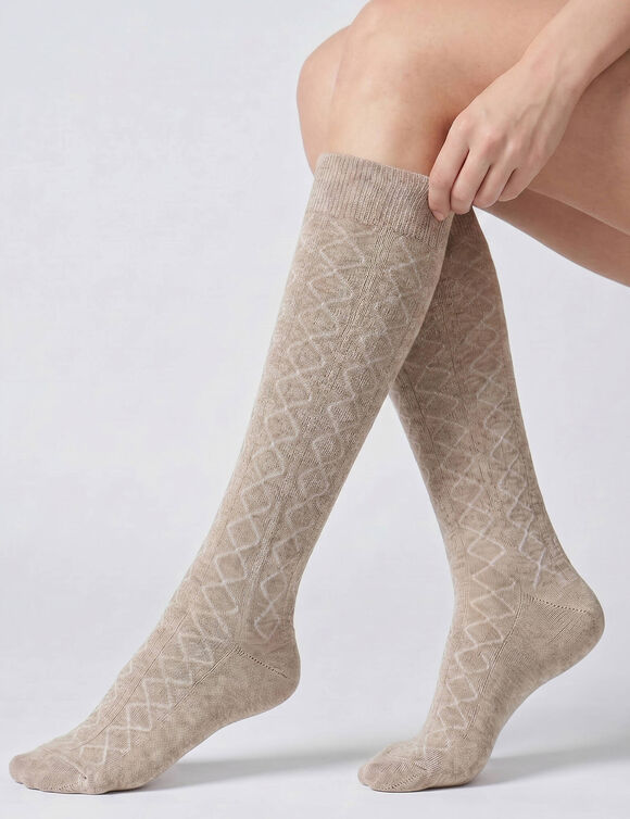 Chaussettes hautes en maille torsad&eacute;e unie - lot de 2 paires  (chocolat / taupe)