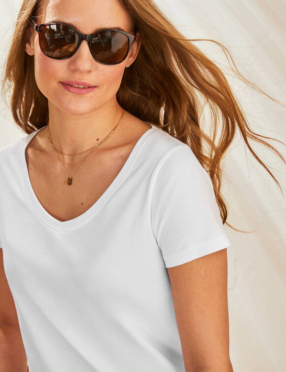 T-shirt col V uni manches courtes, coton (blanc)
