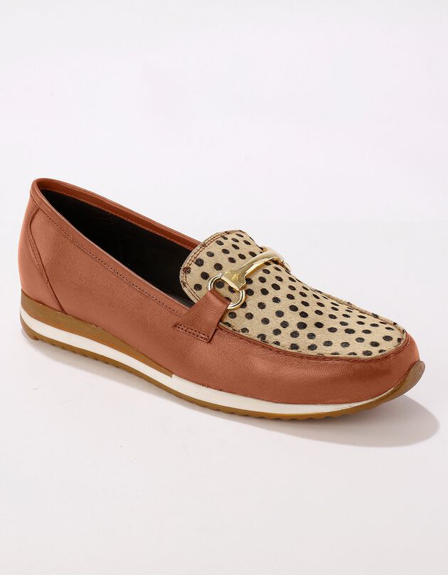 Comfortabel brede mocassins in soepel leer met sleehak - karamel/luipaardprint (karamel)