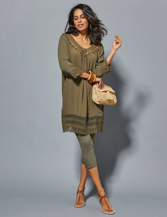 Lange tuniek met macramé en 3/4-mouwen (kaki)