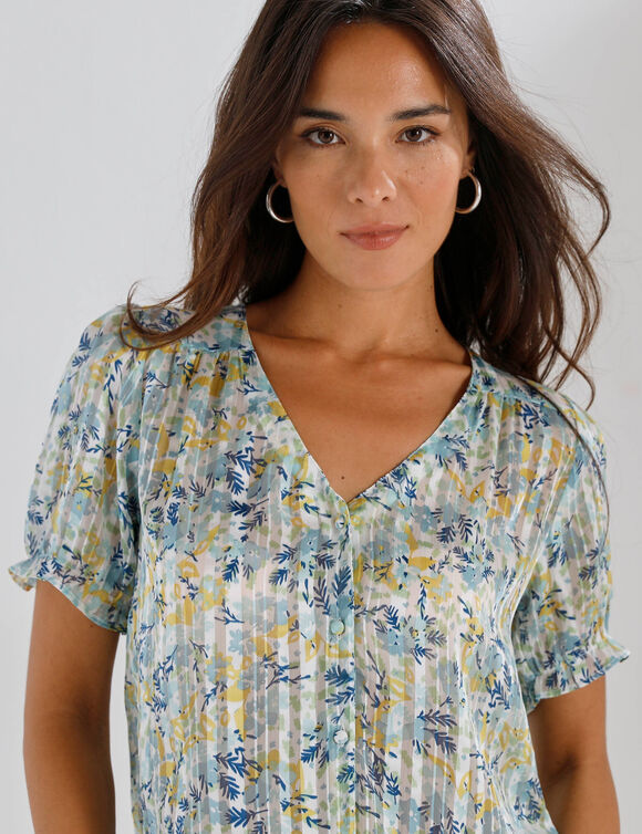 Chemisier boutonn&eacute; manches blousantes imprim&eacute;, voile jacquard (vert d'eau)