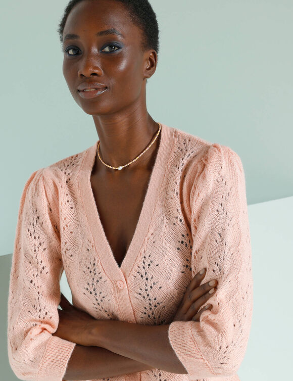 Gilet col V, maille ajourée (rose pâle)