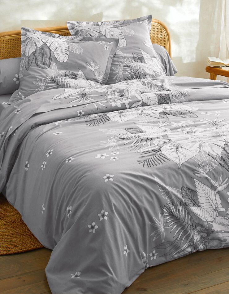 Linge de lit Elyse en coton imprimé fleurs et feuilles de palmes, gris Linge de lit Elyse en coton imprimé fleurs et feuilles de palmes, gris, hi-res image number 3