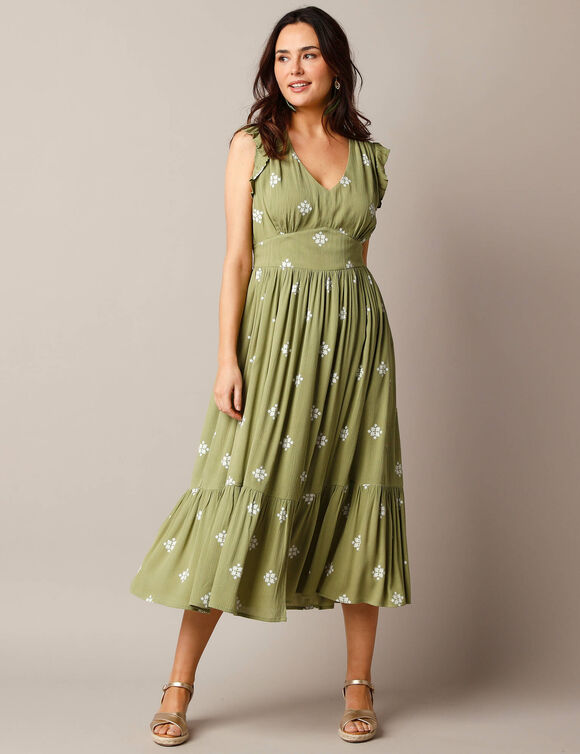 Robe longue imprimée, crépon (kaki / écru)