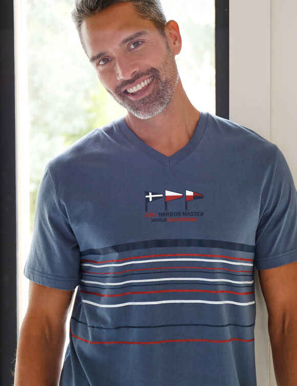 Pyjama short col V coton adouci (bleu grisé / marine)