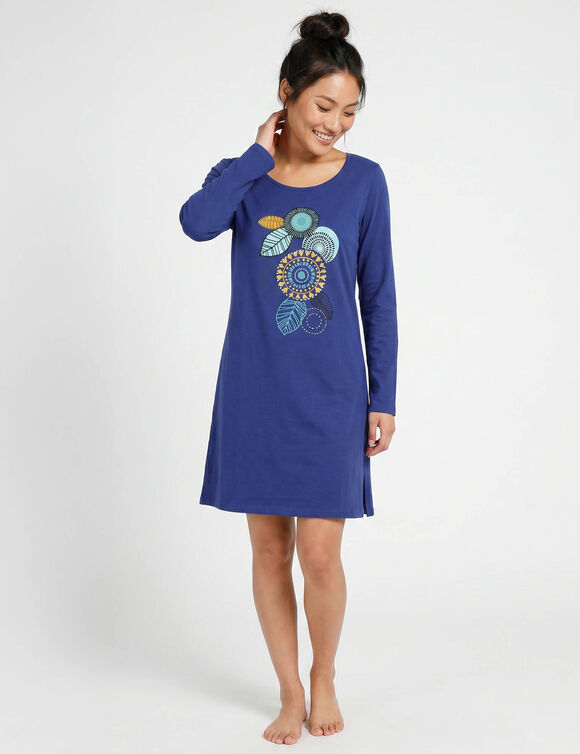 Kort nachthemd met lange mouwen en &lsquo;rozet&rsquo;-motief (felblauw)