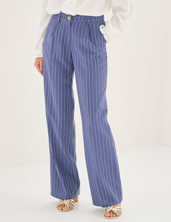 Pantalon large fluide ray&eacute;, viscose-lin (bleu)