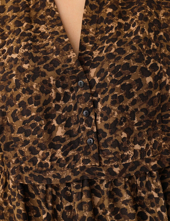 Robe forme housse &agrave; plastron imprim&eacute; l&eacute;opard, manches longues (taupe / noir)