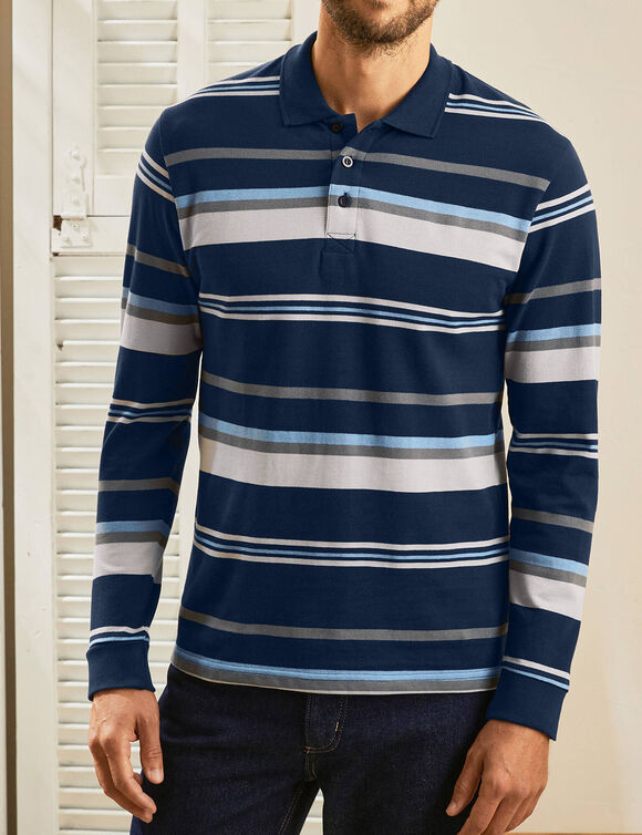 Polo maille piqu&eacute;e ray&eacute;e, manches longues (marine / gris)