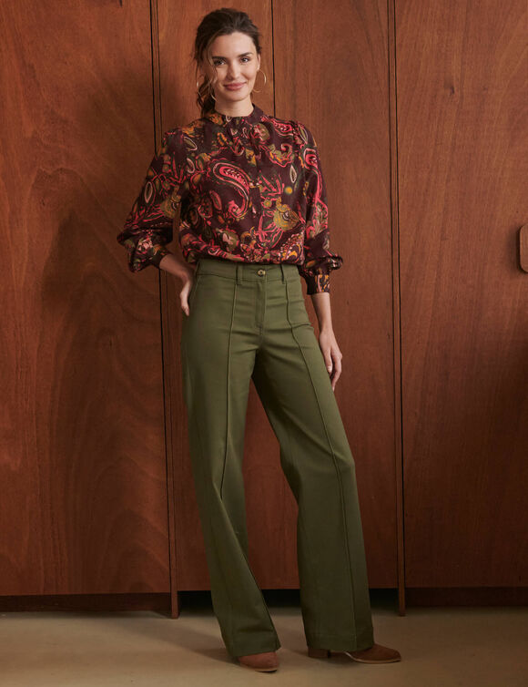 Pantalon large d&eacute;tails plis piqu&eacute;s, petite stature (kaki)