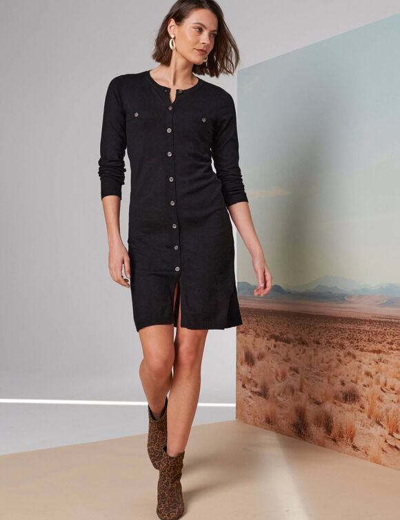 Robe pull boutonn&eacute;e, manches longues (noir)