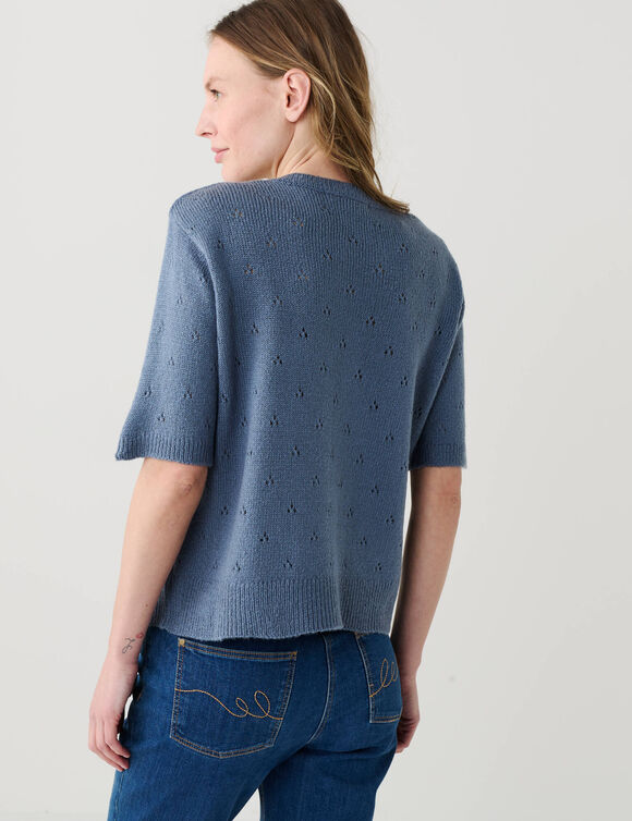 Pull manches courtes, maille pointelle toucher doux (bleu denim)