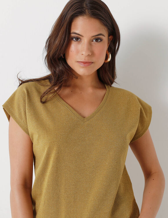T-shirt col V, maille fantaisie brillante (bronze)