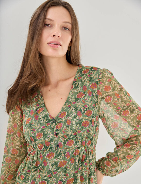 Robe courte, en voile imprim&eacute; (kaki / &eacute;cru)