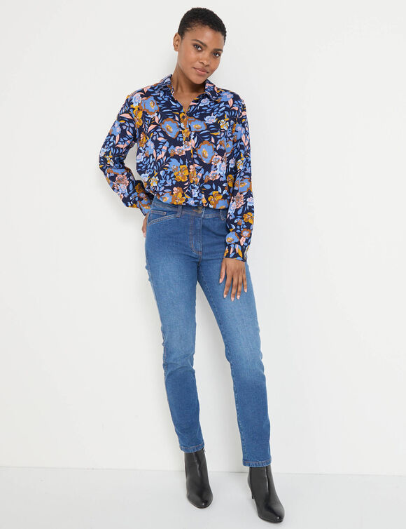 Bloes met knoopsluiting met bloemenprint, gerecycleerd polyester(**) (blauw / kerrie)