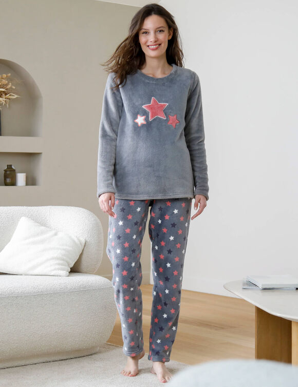 Pyjama pantalon polaire "&eacute;toiles", toucher peluche (gris / rose)