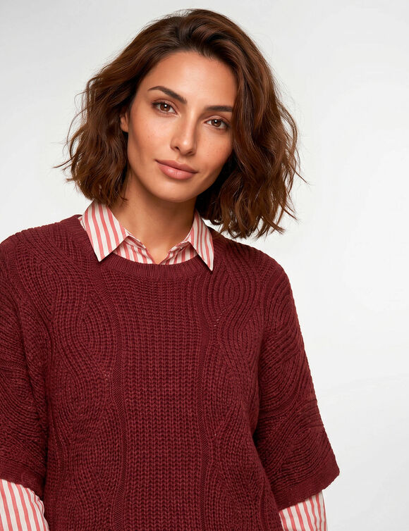 Pull poncho manches coudes, maille anglaise et torsades (bordeaux)