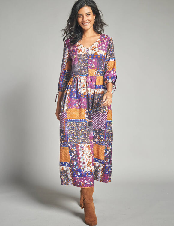 Robe longue imprimé patchwork col V (marine / violet)