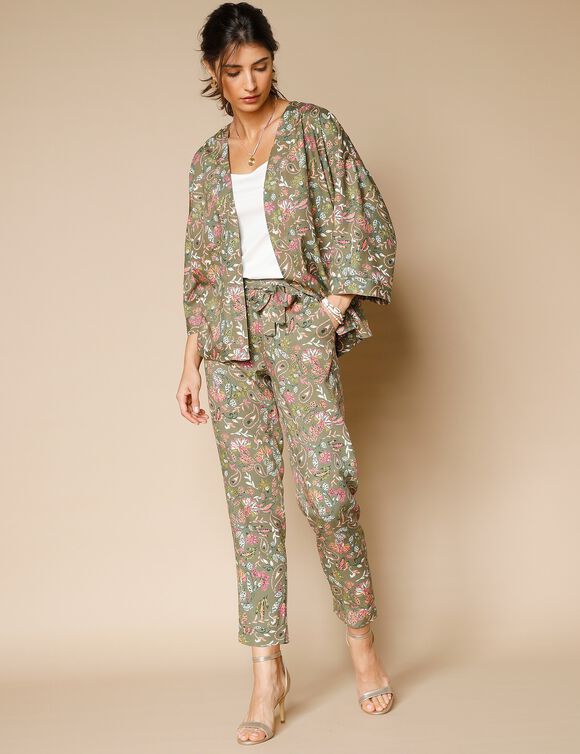 Kimono fluide imprimé, viscose (kaki / corail)