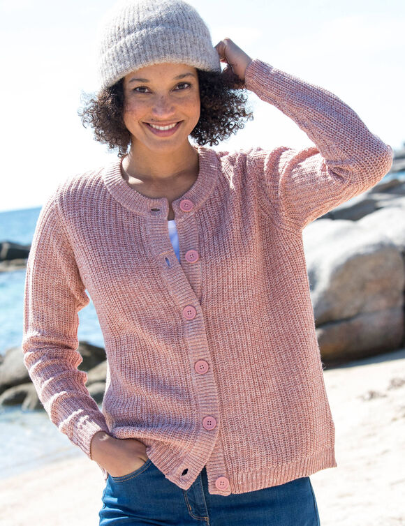 Gilet boutonné en maille anglaise (bois de rose chiné)