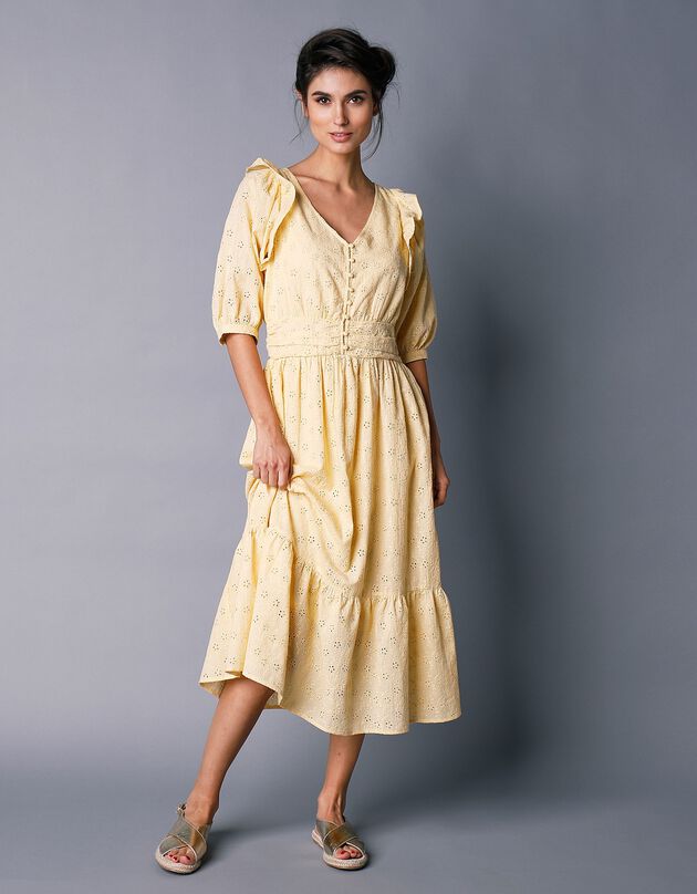 Robe volantée col V broderie anglaise  (jaune)