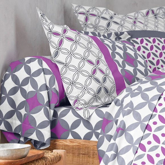 Linge de lit Marlow en coton motifs géométriques (gris / violet)