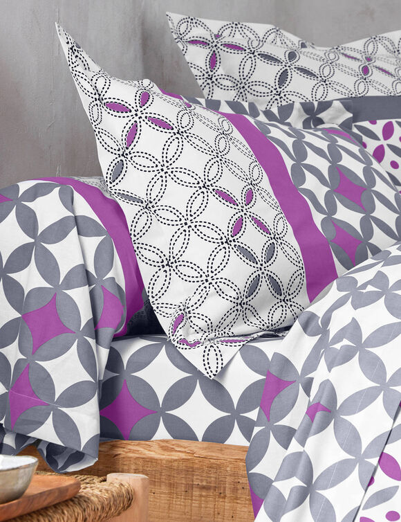 Linge de lit Marlow en coton motifs géométriques (gris / violet)