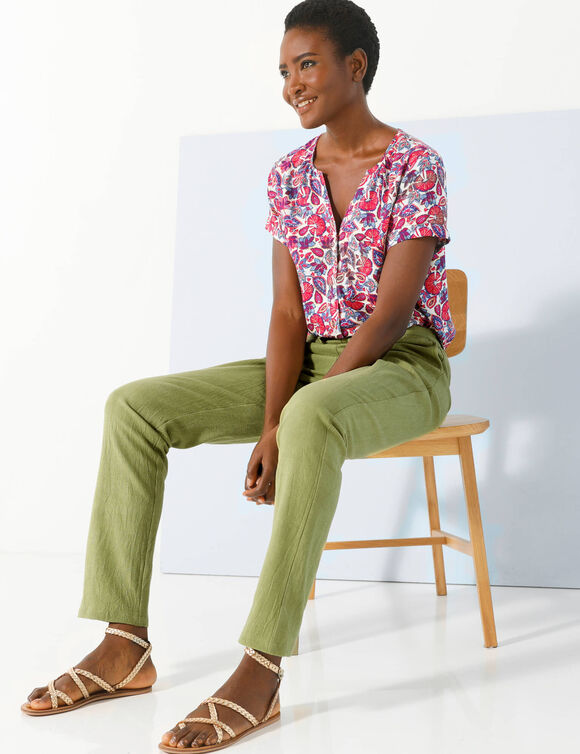 Pantalon fusel&eacute; fluide, lin-coton (vert mousse)