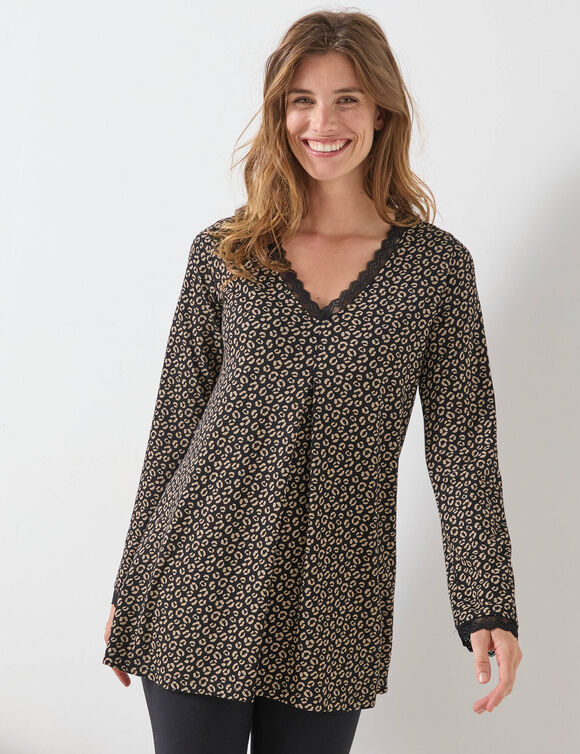 Pyjama legging manches longues imprimé animalier (noir / beige)