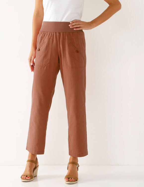 Pantalon droit 7/8&egrave;me, taille &eacute;lastiqu&eacute;e, lin coton (corail)
