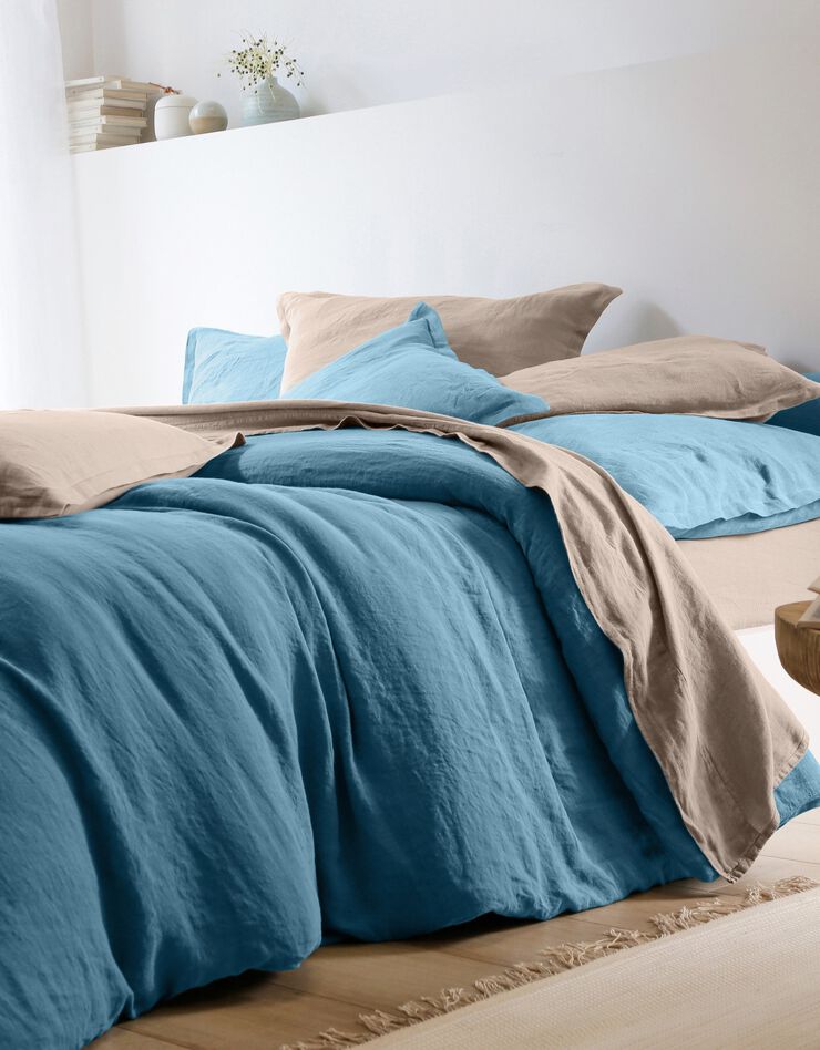 Linge de lit uni lin lavé (bleu)