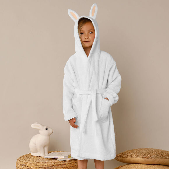 Peignoir de bain enfant lapin à capuche éponge coton - 340 g/m² (blanc)