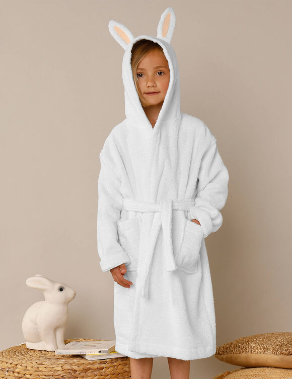 Peignoir de bain enfant lapin à capuche éponge coton - 340 g/m² (blanc)