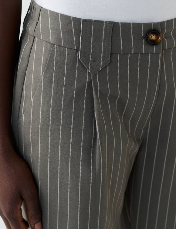 Pantalon droit large, ray&eacute; (kaki / &eacute;cru)