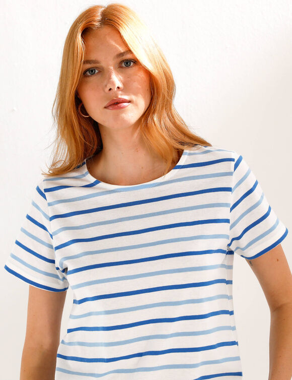 T-shirt ray&eacute; manches courtes, maille jersey (&eacute;cru / bleu)